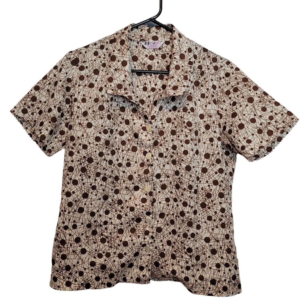 MCM Button Up Blouse Top Cream Brown Geometric Atomic Pattern Size 36 Small